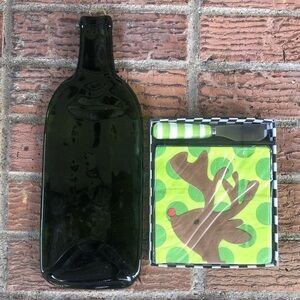 Melted Recycled Green Glass Wine Bottle Cheese & Snack Tray Napkins & Spreader